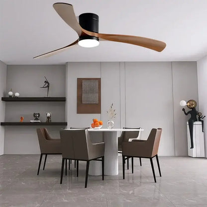 Modern black ceiling fan with three wooden blades and integrated led light with remote control for bedroom use