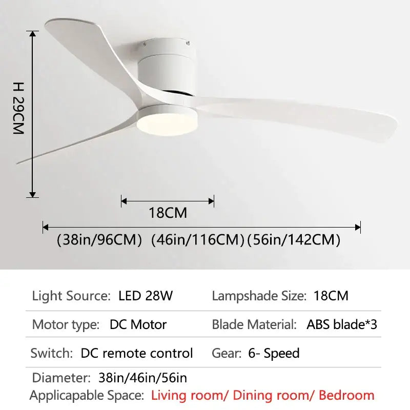 White ceiling fan with three sleek abs blades and integrated led light in modern black ceiling design with remote control