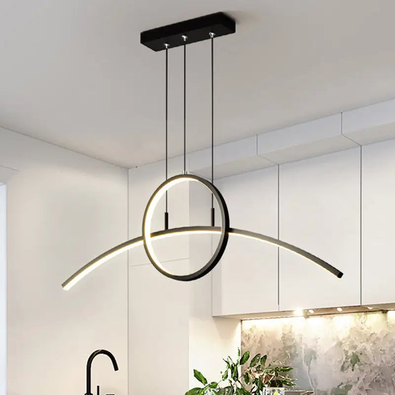 Modern black metal hanging linear design led light fixture with circular ring and curved arm for dining room