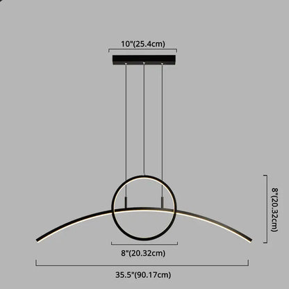 Modern black metal hanging light fixture with linear design and curved arc circular ring led lighting for dining room
