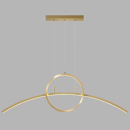 Modern black linear design led light fixture featuring a gold-toned metal hanging pendant with circular ring and curved arm