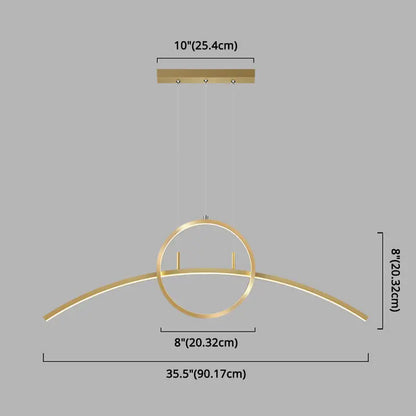 Modern gold-toned metal hanging light fixture with minimalist curved arm and circular ring in black linear design for dining room