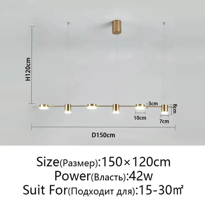 Modern black linear dimmable led ceiling chandelier with gold-toned pendant fixture and five cylindrical led bulbs by decorbites