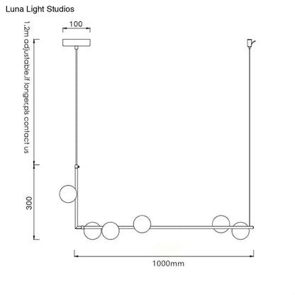 Modern black linear island pendant light with glass shade featuring a sleek metallic frame and spherical glass shades
