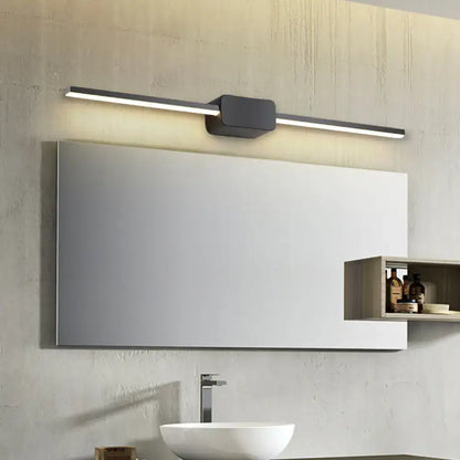 Modern black linear led sconce with sleek minimalist design for bathroom vanity lighting in a rectangular shape