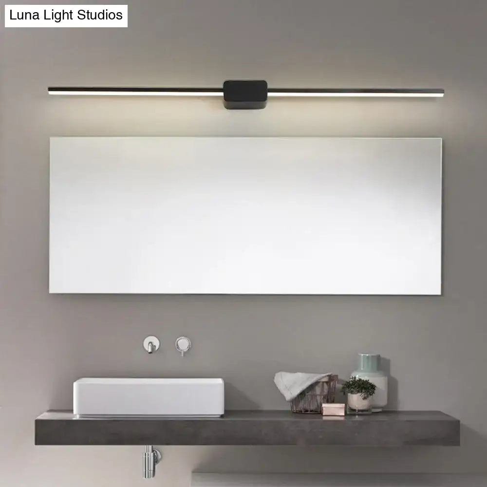 Modern black linear led sconce with sleek minimalist design mounted above mirror for bathroom vanity lighting