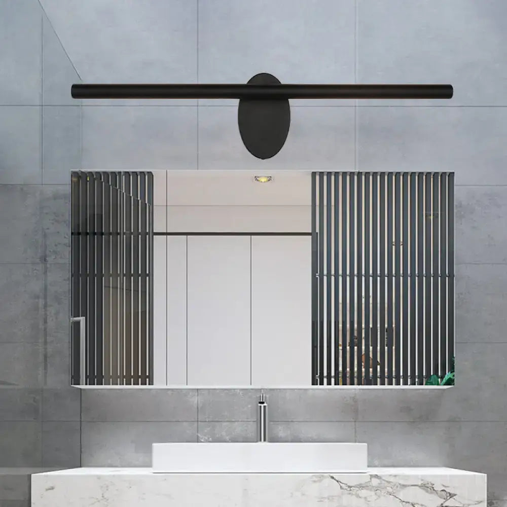 Modern black matte linear led wall light bathroom sconce with oval central mounting plate and sleek design