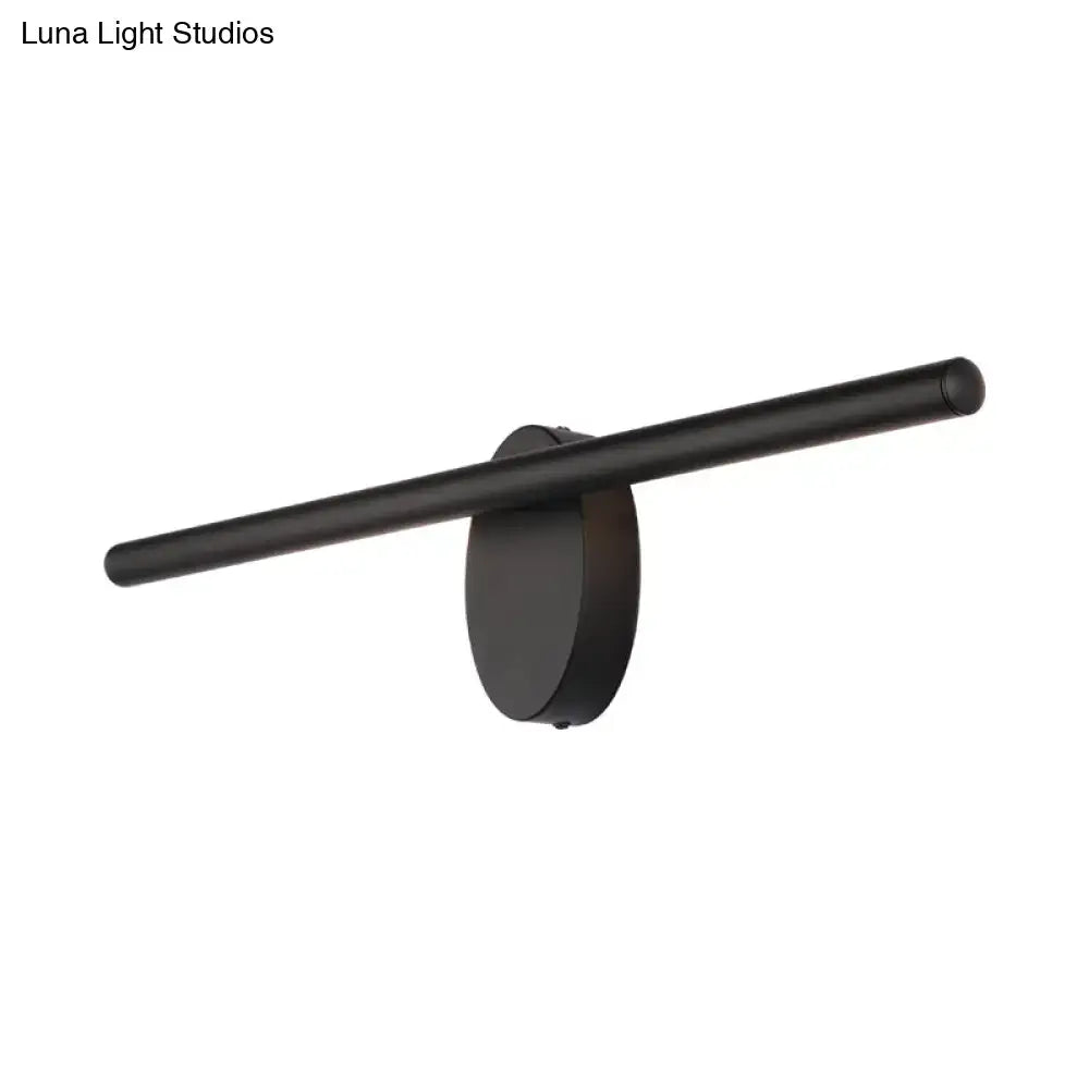 Modern black matte-finished linear led wall light with cylindrical bar and oval base for bathroom sconce lighting