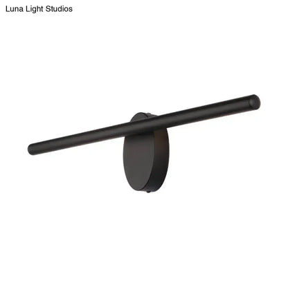 Modern black matte-finished linear led wall light with cylindrical bar and oval base for bathroom sconce lighting