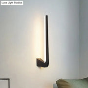 Modern black linear led wall sconce with sleek minimalist design and warm light for living room direct wired electric use