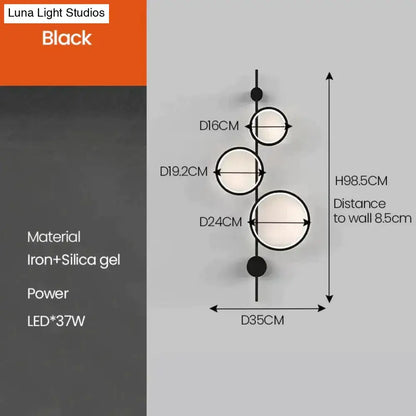 Modern black linear long led wall light by Black luna light studios with three circular iron and silica gel leds
