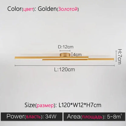 Golden modern nordic ceiling lamp with sleek linear design and brushed metal finish for living room lighting