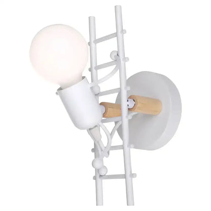 White ladder-style wall light with wooden handle and spherical bulb in modern black man led wall bedroom sconce