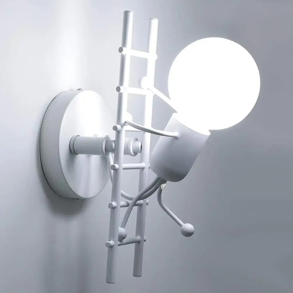 Modern black little man led wall light with white ladder-shaped sconce and spherical bulb for bedroom wall lighting