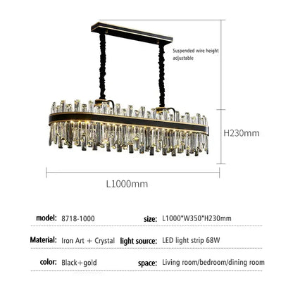 Modern black luxury crystal chandelier with gold oval frame and hanging crystal rods for dining room decorbites light luxury