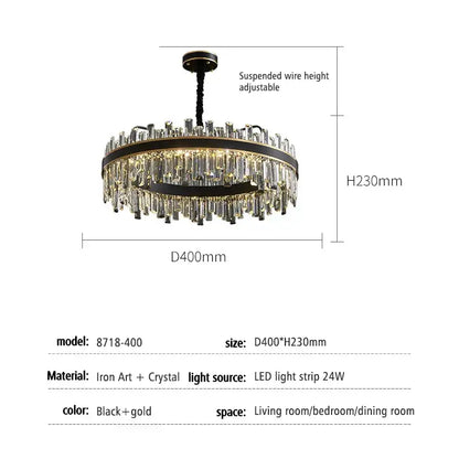 Modern black luxury crystal chandelier with gold iron frame and cascading crystal strands for dining room decorbites light luxury
