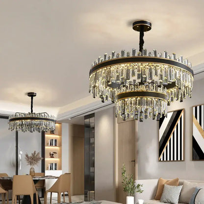 Modern black luxury crystal chandelier with two-tier black metal frame and warm light luxury crystal rods for dining room decorbites light luxury