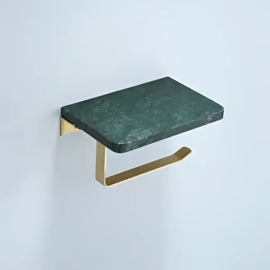 Modern green marble toilet paper holder with gold toned metal base and curved support arm for bathroom use