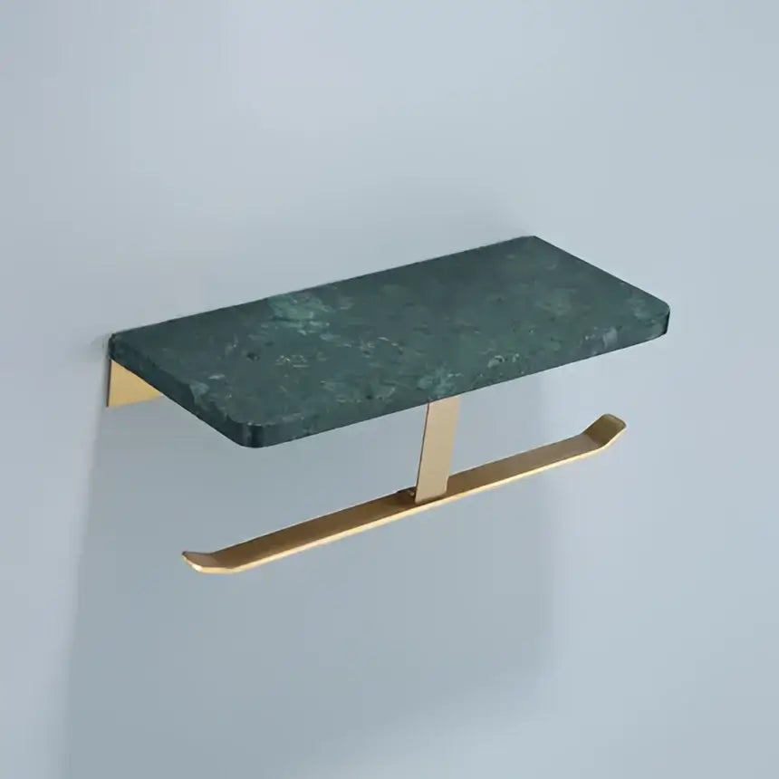 A sleek green marble toilet paper holder with brushed gold base and curved arm for modern bathroom use
