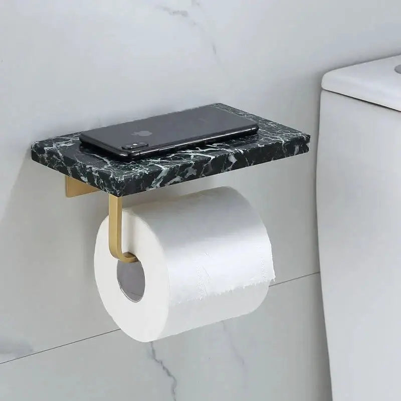 Modern black marble and gold double toilet paper holder with metal accents for stylish bathroom paper storage