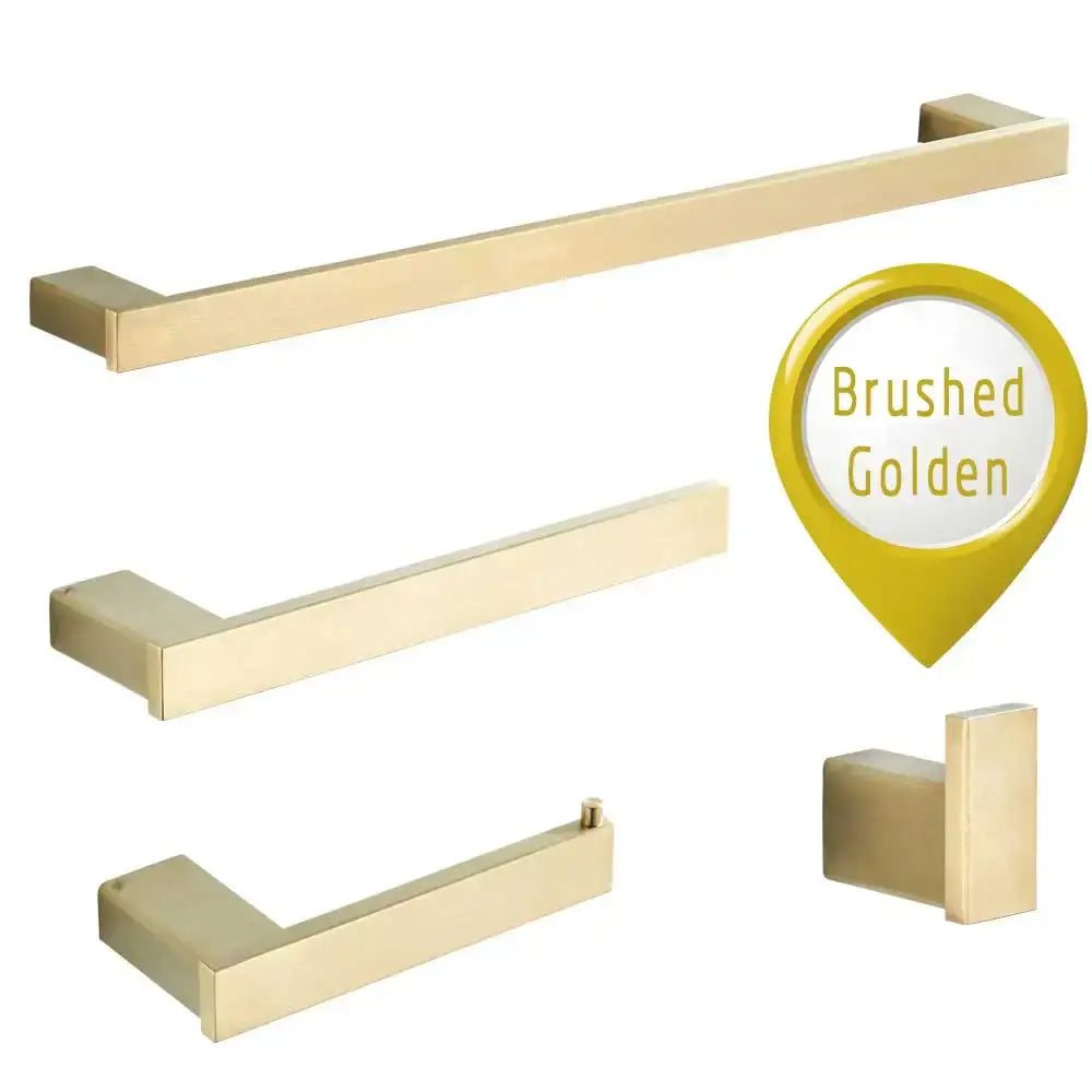 Brushed golden hardware set featuring sleek rectangular bars and matching hook in modern black matte bathroom decorbites black matte