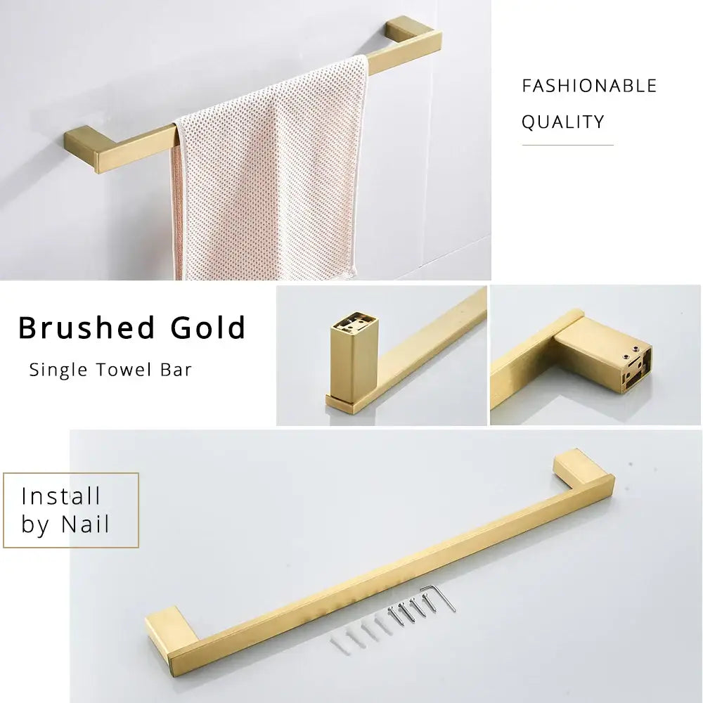 Brushed gold single towel bar with sleek modern design and square-ended fixtures from decorbites black matte hardware set