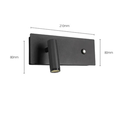 Modern black matte led wall sconce with cylindrical lamp head and rectangular base for bedroom reading light