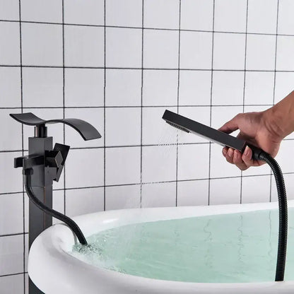 Modern black matte waterfall bathtub mixer faucet with sleek design and matching handheld showerhead for bathtub use