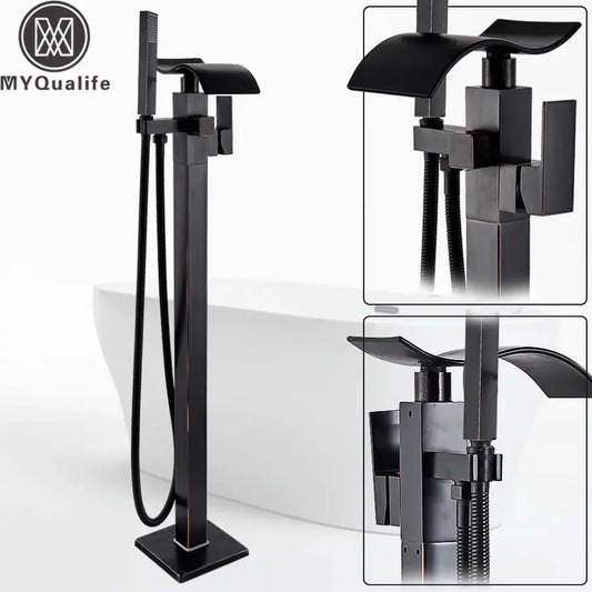 Modern black matte waterfall bathtub mixer faucet with sleek design and integrated handheld showerhead for bath use