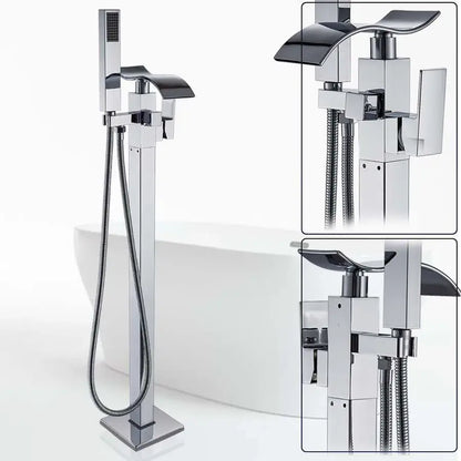 Modern black matte waterfall freestanding bathtub mixer faucet with chrome-finished handheld showerhead and angular design