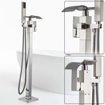 Modern brushed nickel bathtub mixer faucet with sleek geometric design and integrated handheld showerhead for bath use