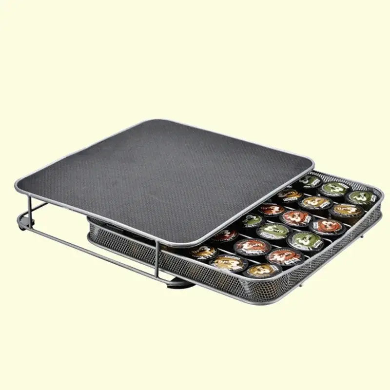 Modern black mesh capsule holder with silver metal frame for kitchen coffee pod storage by decorbites capsule holder