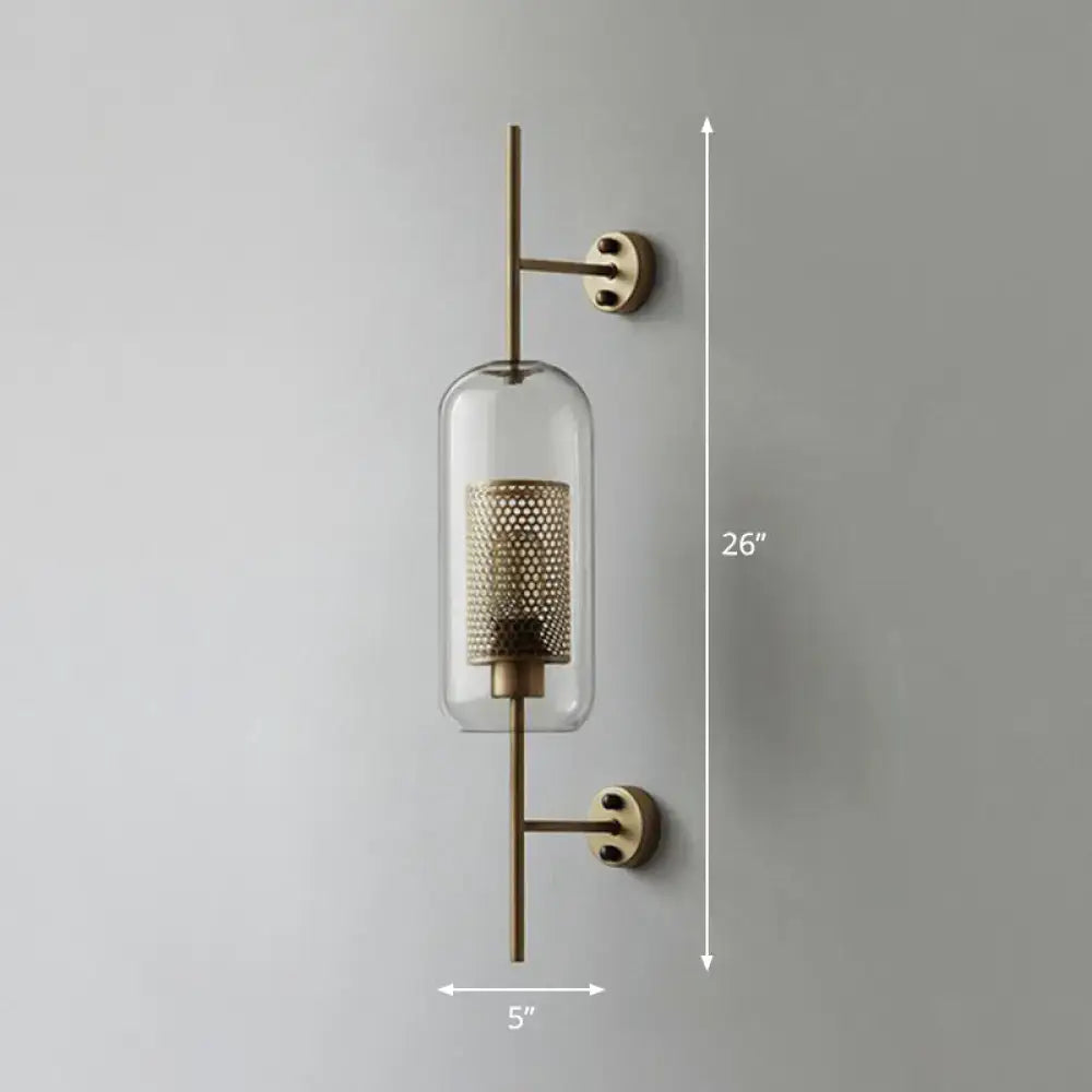 Modern black mesh wall mount lamp with brass finish and clear glass cylinder sconce for bedroom lighting