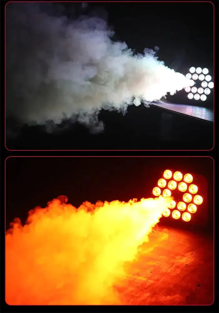 Modern black metal 500w smoke machine emitting white and orange light beams with smoke effects for parties