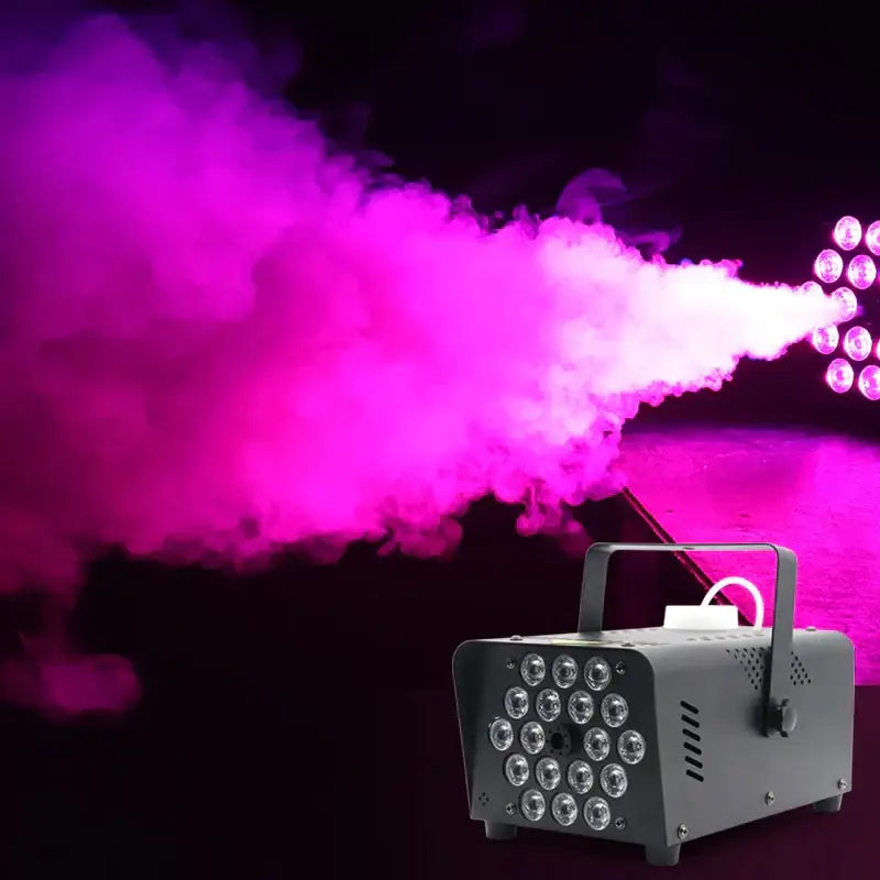 Modern black metal 500w smoke machine with rgb led party lights emitting vibrant pink fog from a 500w smoke machine