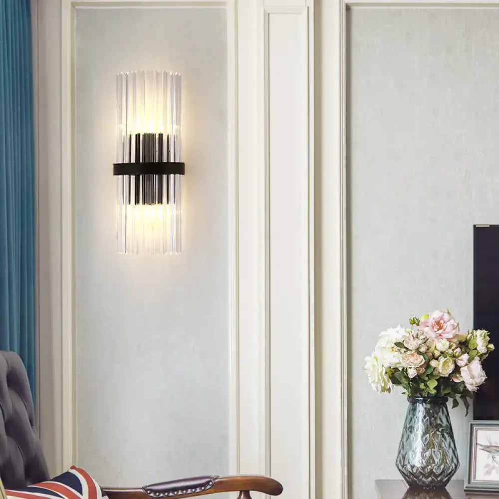 Modern black metal and crystal pipe wall sconce with vertical glass tubes for dining room e12 e14 bulb base