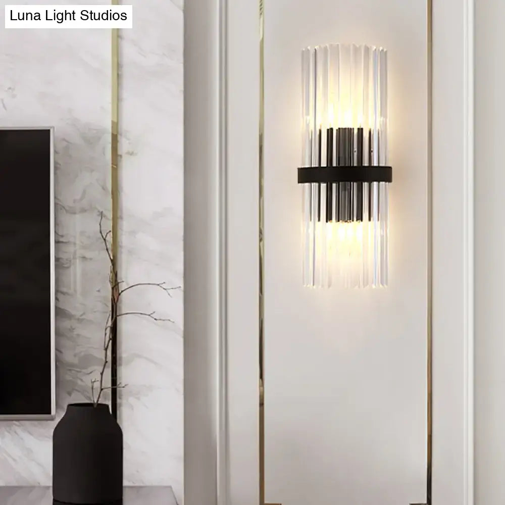 Modern black metal and crystal pipe wall sconce with vertical clear glass rods for dining room e12 e14 bulb base
