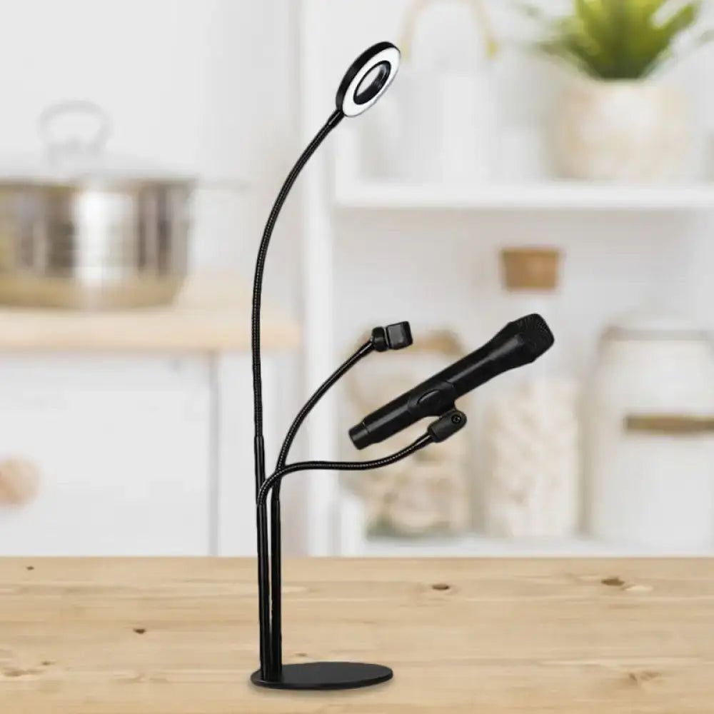 Black flexible gooseneck desk lamp with adjustable ring light and microphone holder for metal circular vanity light use