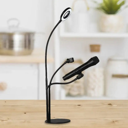 Black flexible gooseneck desk lamp with adjustable ring light and microphone holder for metal circular vanity light use