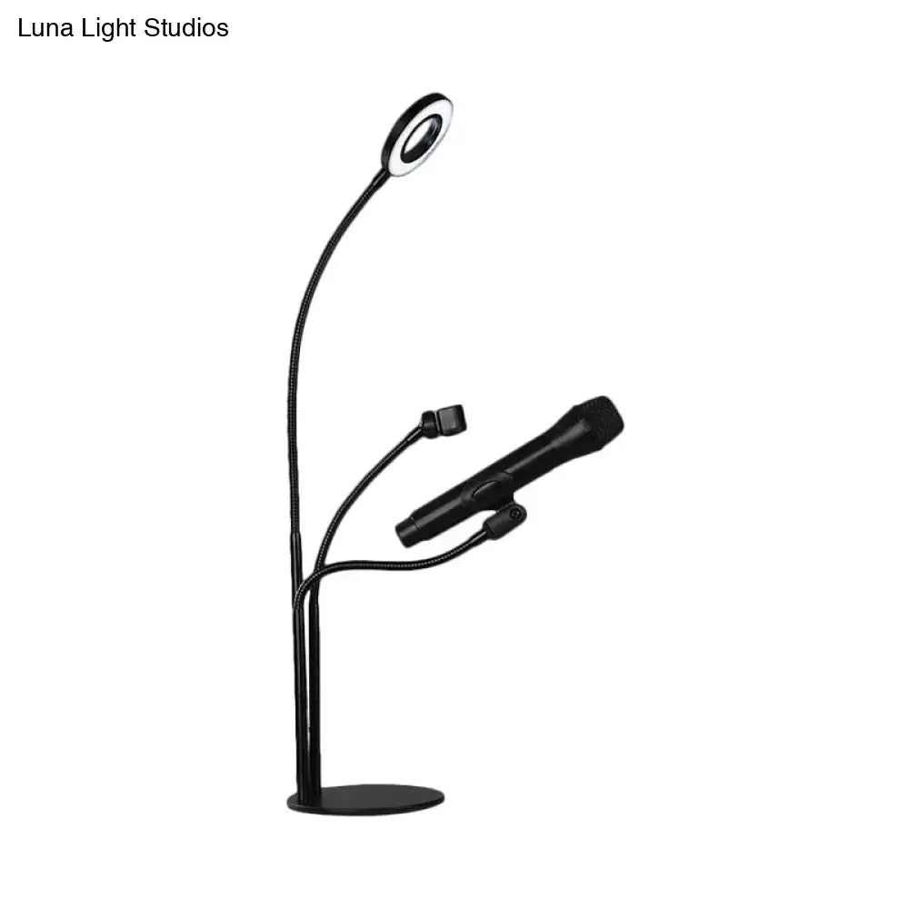 Modern black metal circular vanity light with flexible gooseneck lamp integrated ring light and microphone holder