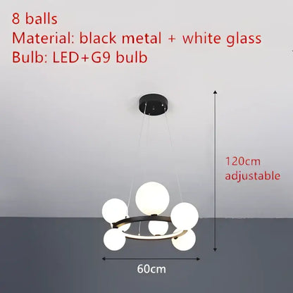 Modern black metal chandelier with eight white clear glass led globe bulbs ideal for dining room decorbites clear glass