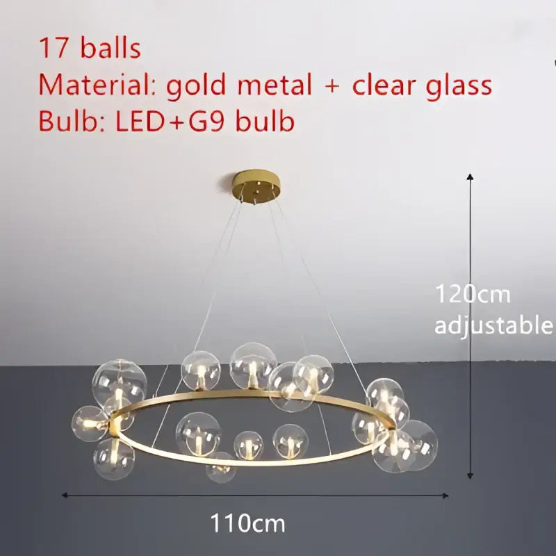 Gold metal chandelier with 17 clear glass led globe bulbs suitable for modern dining room decorbites clear glass design