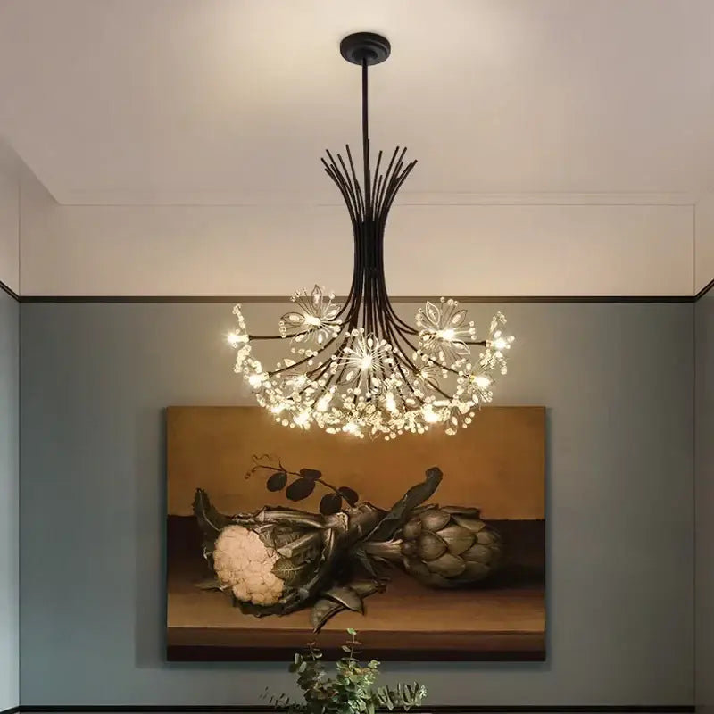 Modern black metal dandelion chandelier with sparkling crystal flowers and lights ideal for living room decorbites dandelion chandelier