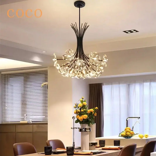 Modern black metal dandelion chandelier with delicate flower-like crystal accents for living room decorbites dandelion chandelier