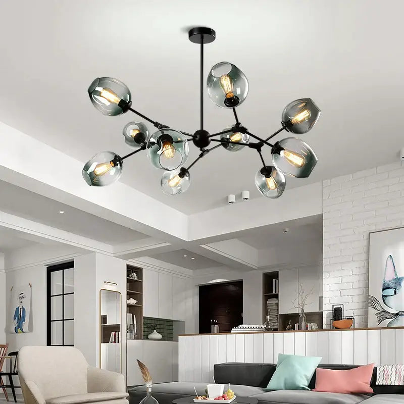 Modern black metal decorbites glass chandelier with multiple frosted globe shades for dining room lighting