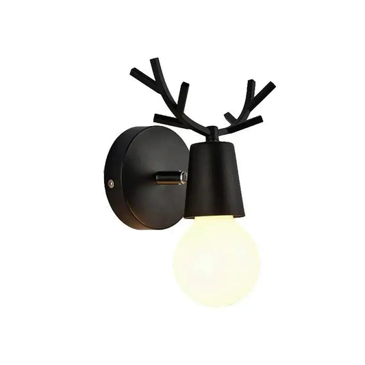 Modern black metal deer head led wall lamp featuring antlers and a frosted bulb for bedroom sconce use