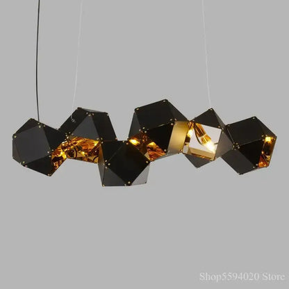 Modern black metal dna chandelier with gold interior accents and geometric design for dining room decorbites black metal