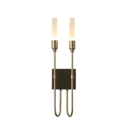 Brass-finished wall lamp with double arms and frosted glass candle-style shades for modern bedroom decorbites double headed led