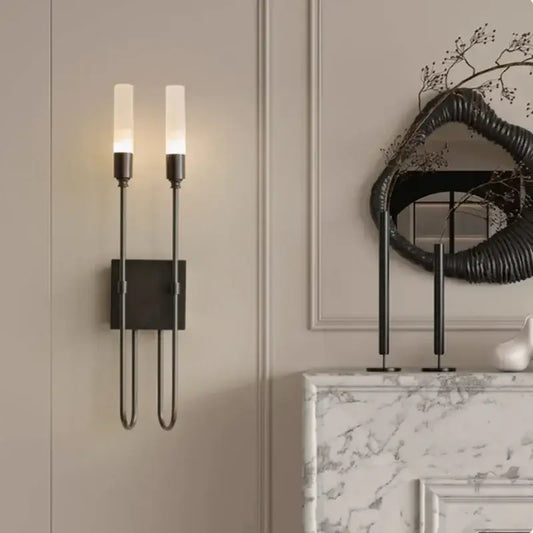 Modern black metal double headed led wall lamp with frosted glass candle-style bulbs for bedroom decorbites wall lamp