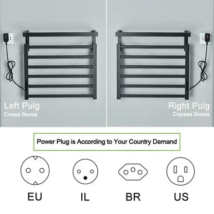 Modern black metal electric towel rack with horizontal bars and digital display wall-mounted in bathroom